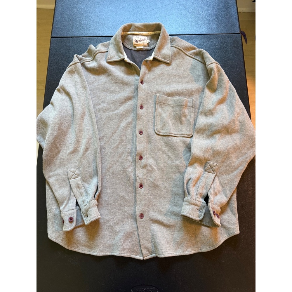Woolrich Mens Large Grey Cotton Button Down Knit Sweater Shirt Rugged Outdoor
